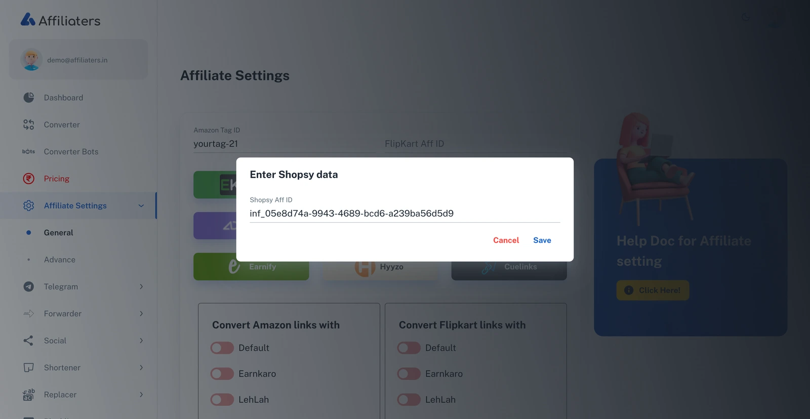 Shopsy dialog in Affiliate Settings