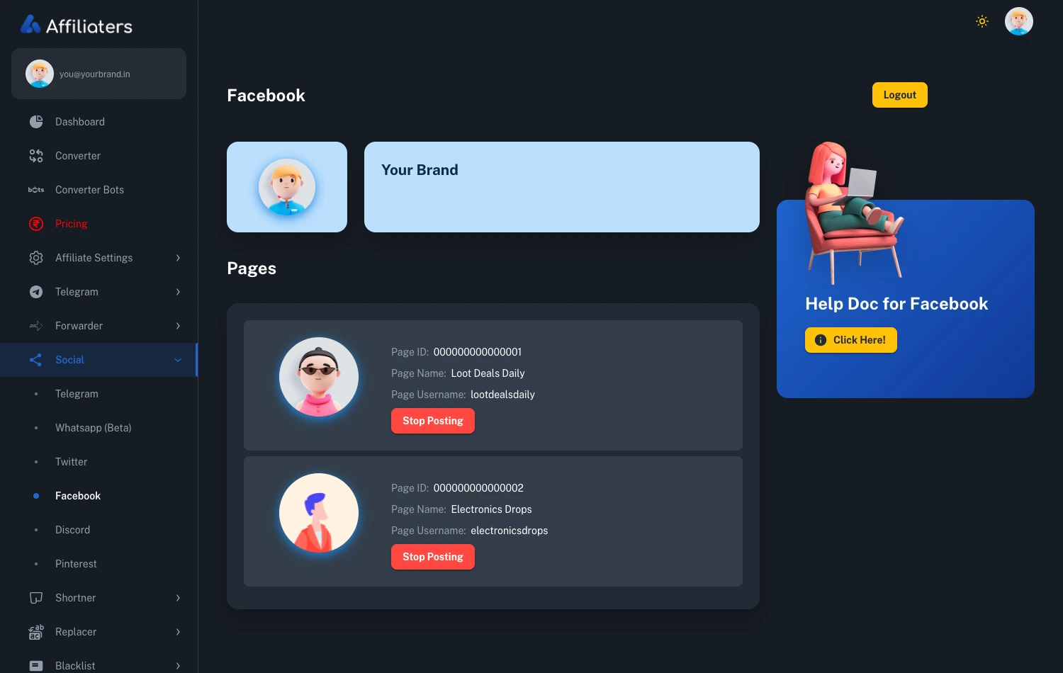 Connected Facebook account with pages listed and Stop Posting buttons