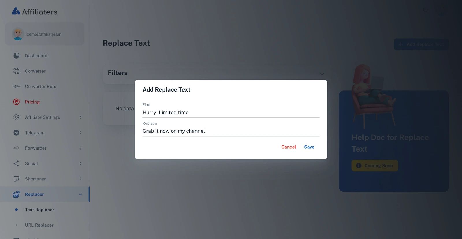 Add Replace Text dialog with Find and Replace fields
