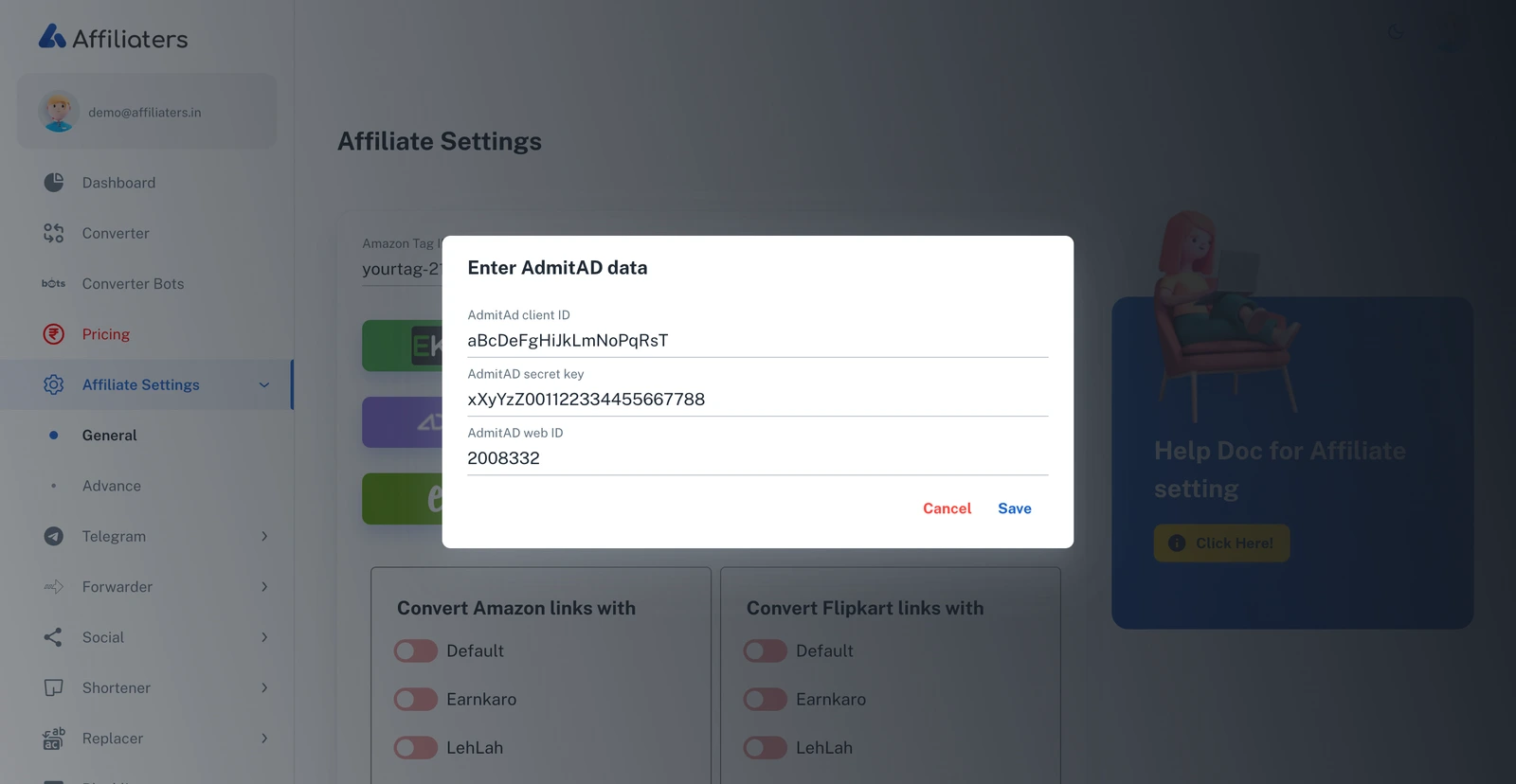 AdmitAD dialog in Affiliate Settings