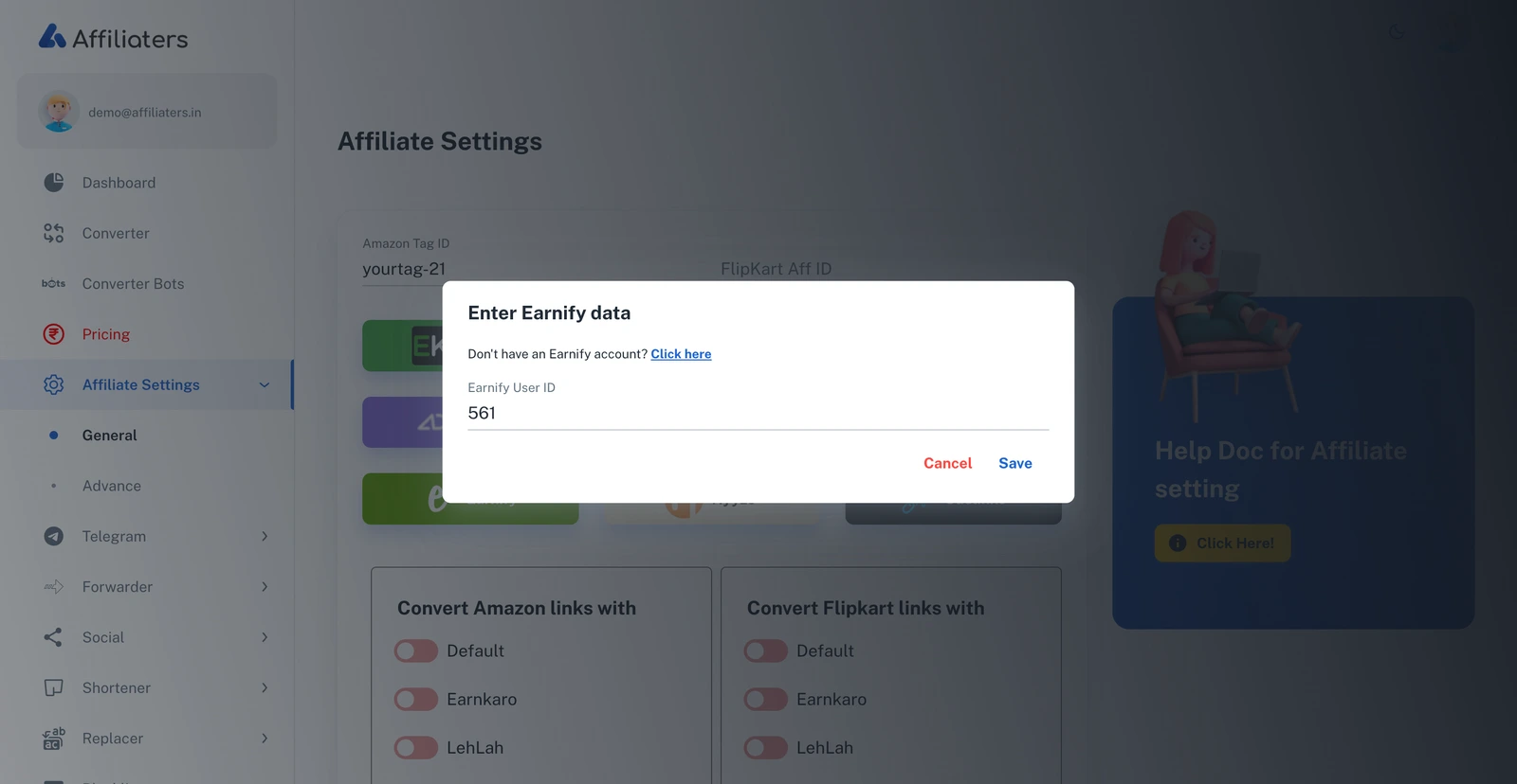 Earnify dialog in Affiliate Settings