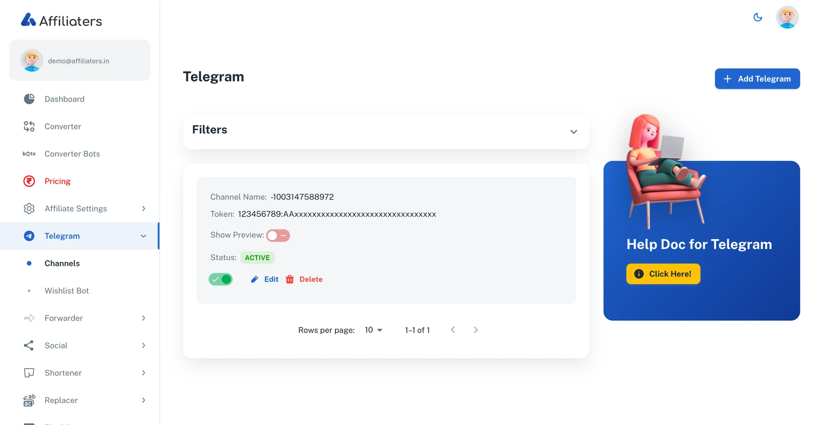 Telegram channels page