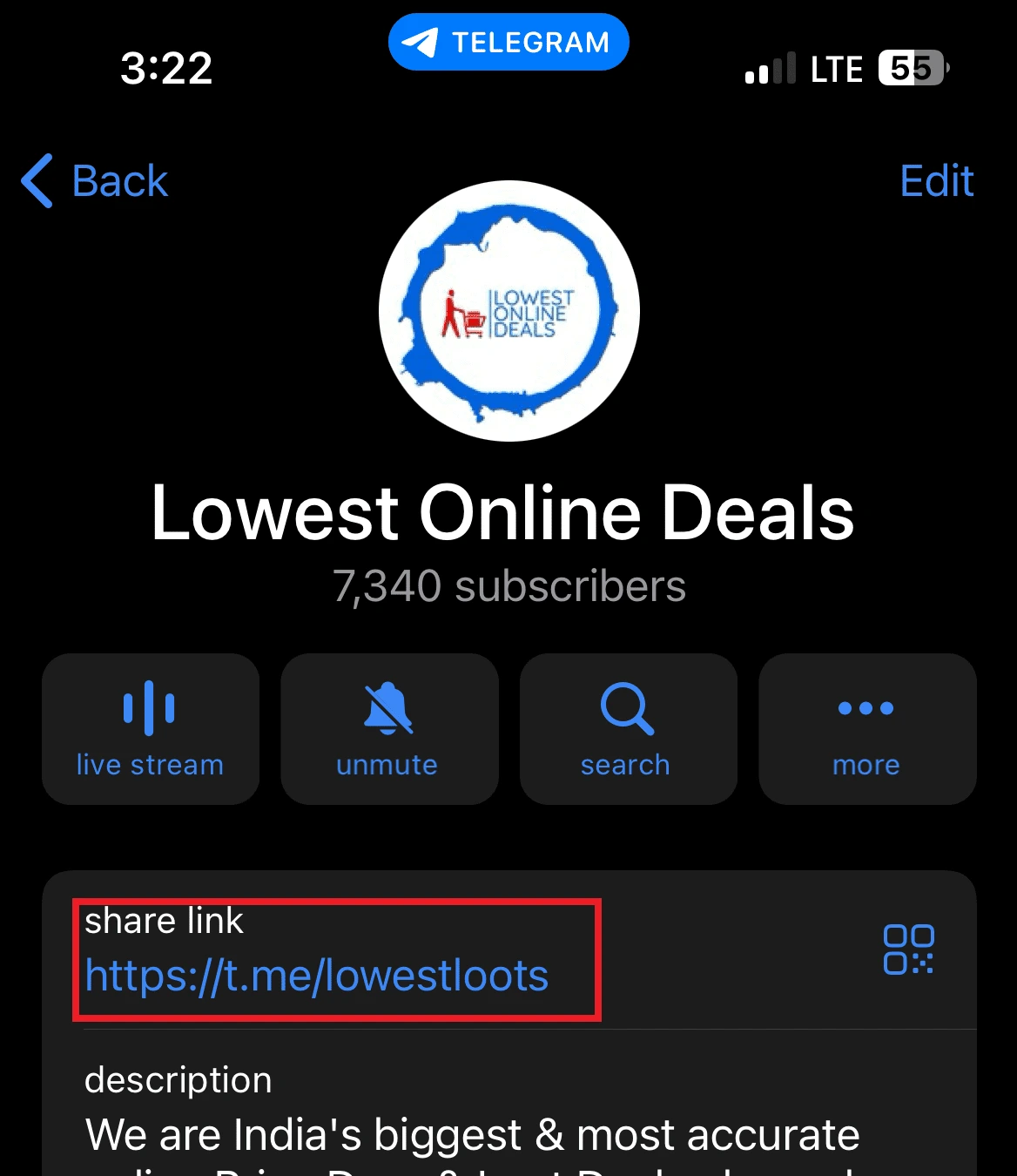 Channel info showing the share link