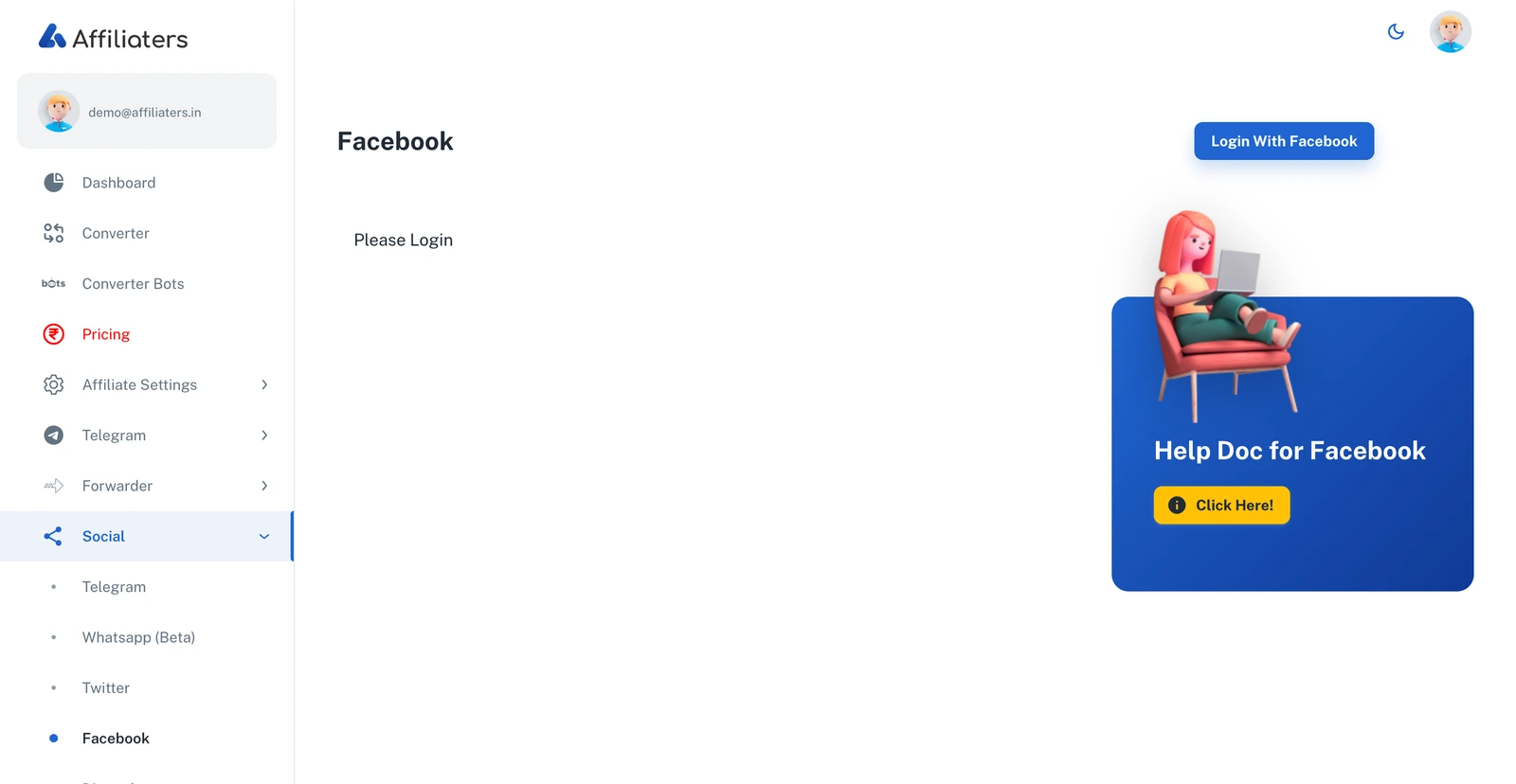Facebook page with Login With Facebook button
