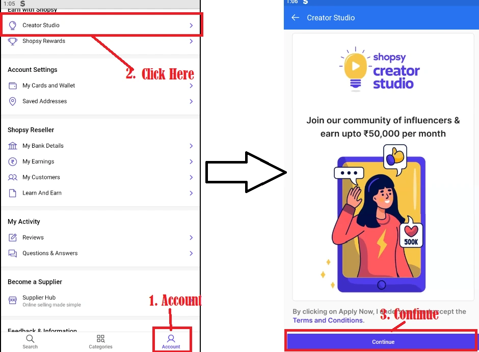Shopsy Account tab with Creator Studio option