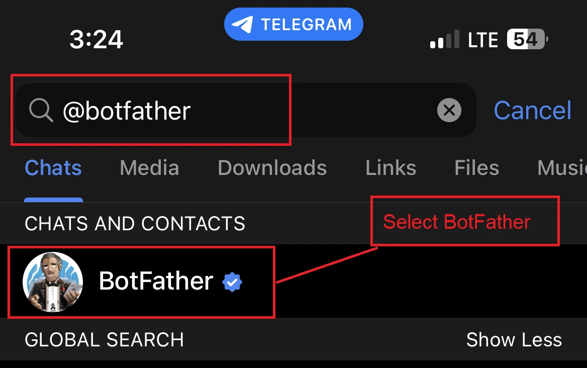 Searching for BotFather in Telegram