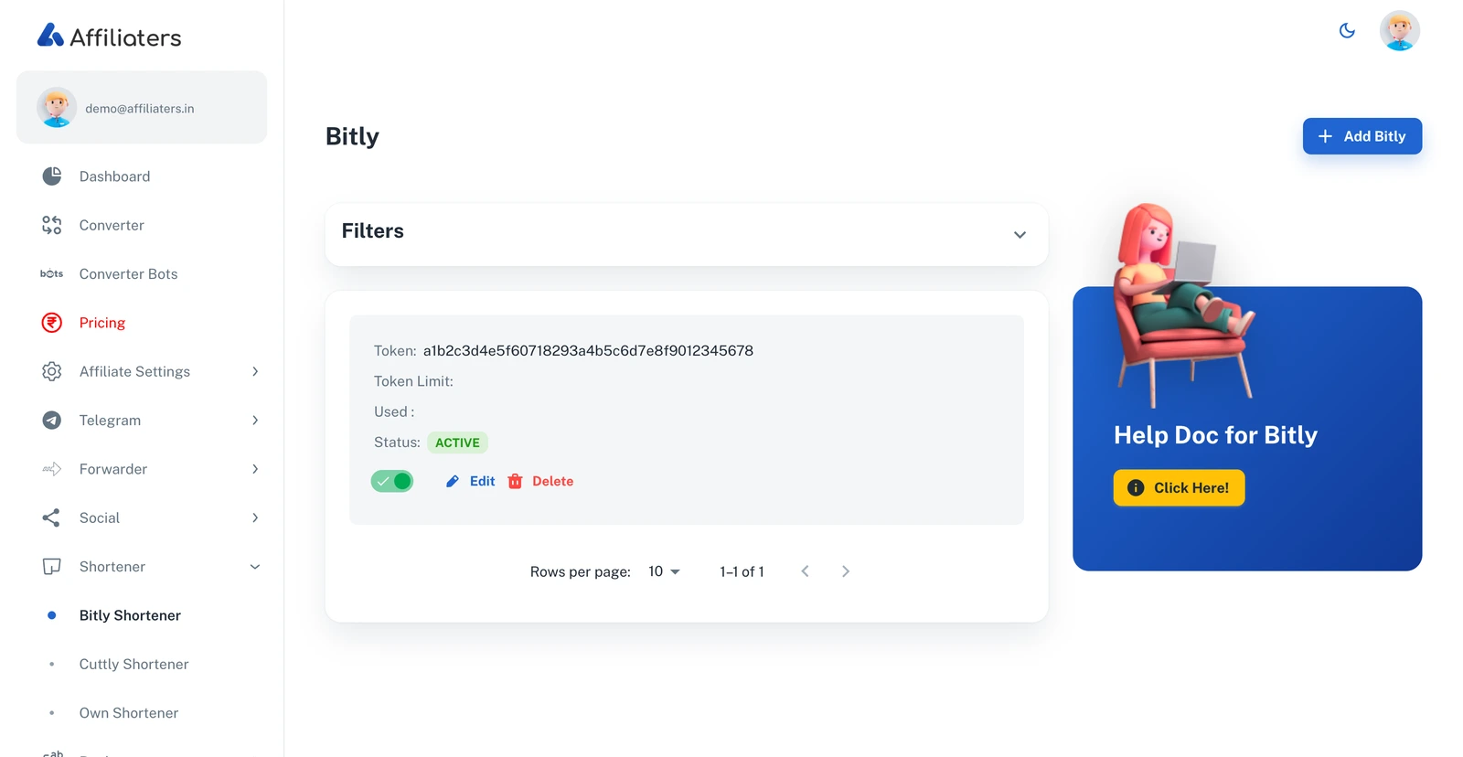 Bitly page in Affiliaters