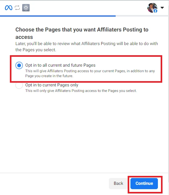 Page selection with opt in to all pages option