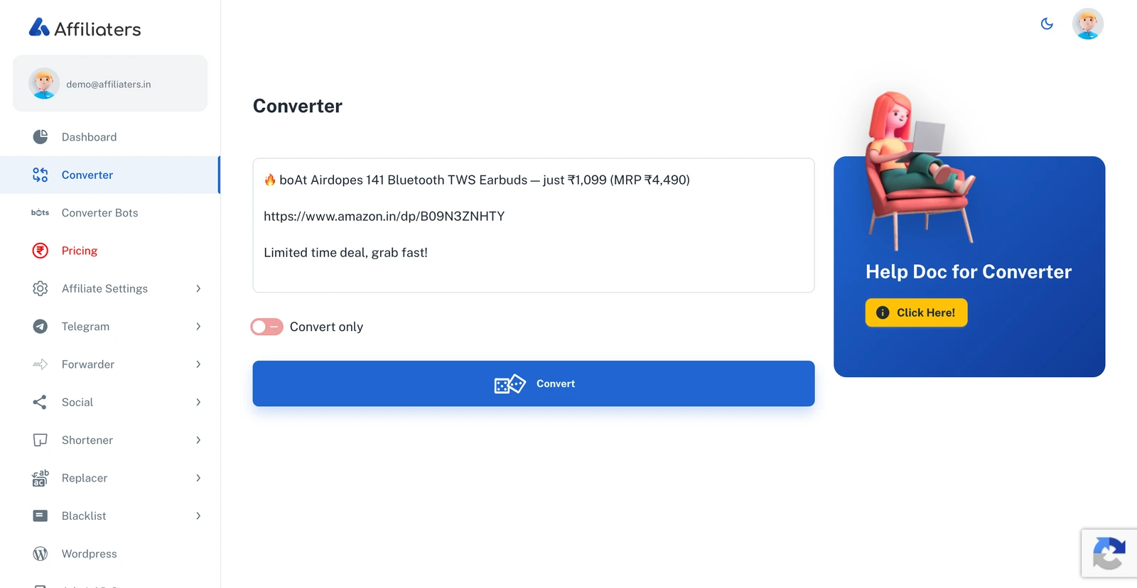 Converter page with a deal pasted in
