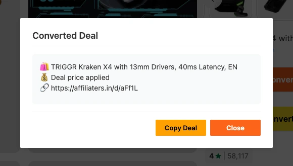 The Converted Deal box showing the finished deal text with a shortened link and a Copy Deal button