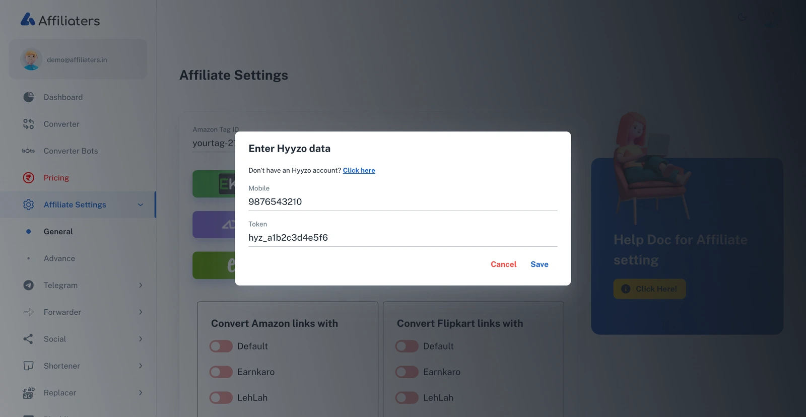 Hyyzo dialog in Affiliate Settings