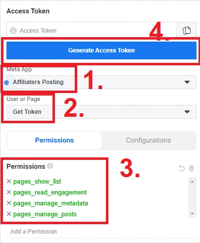 Graph API Explorer with app, token type and permissions selected