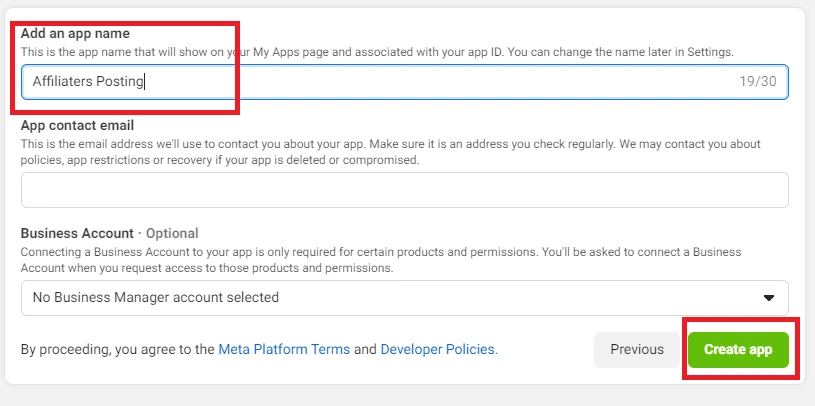 App name field and Create App button
