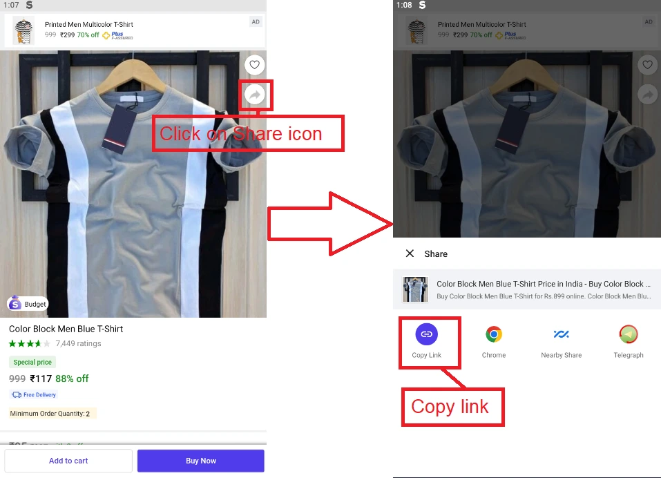 Product share icon and copy link option