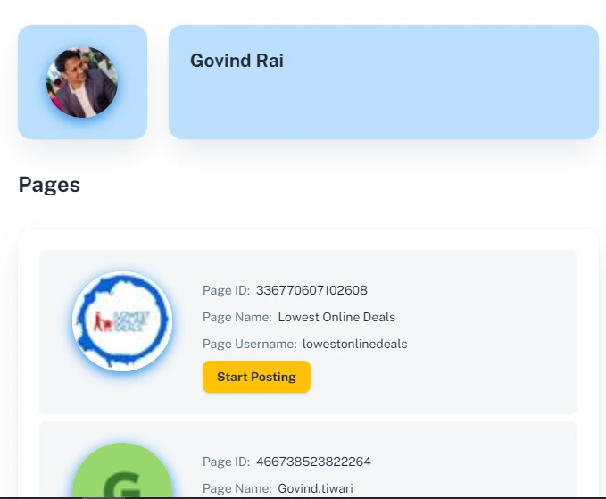 Facebook pages listed after adding the token