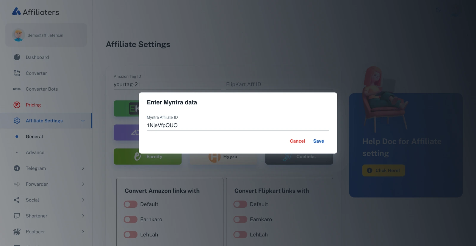 Myntra dialog in Affiliate Settings
