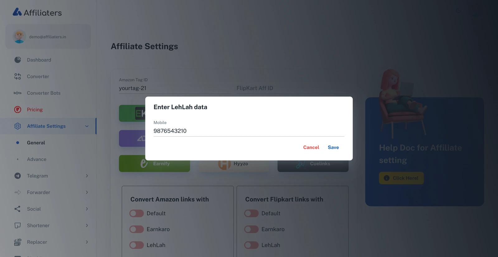 LehLah dialog in Affiliate Settings