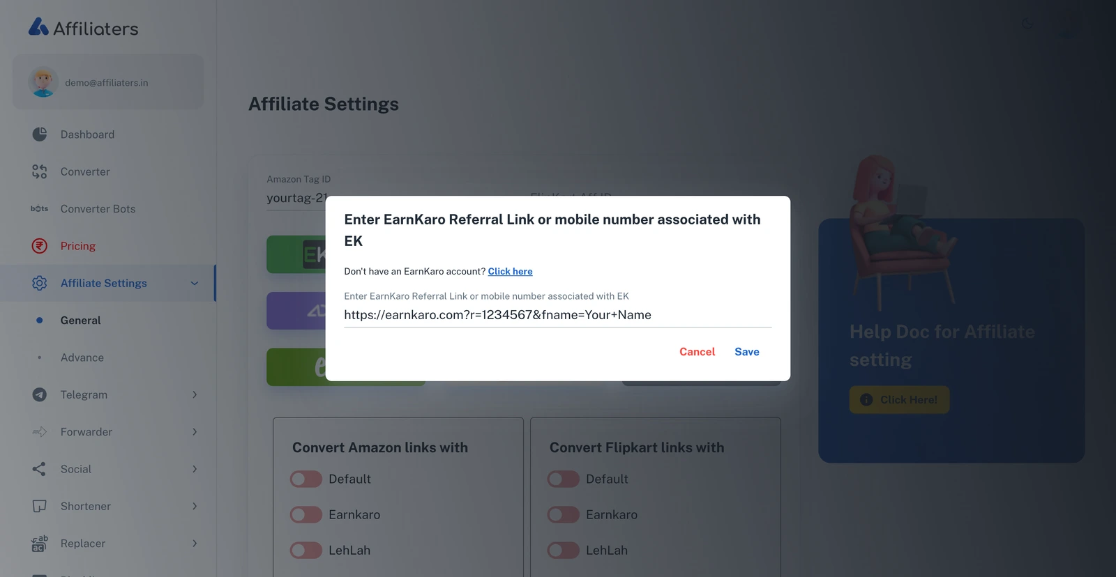 EarnKaro dialog in Affiliate Settings