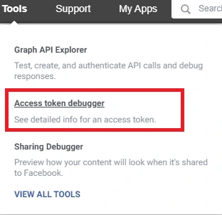Access Token Debugger in the Tools menu