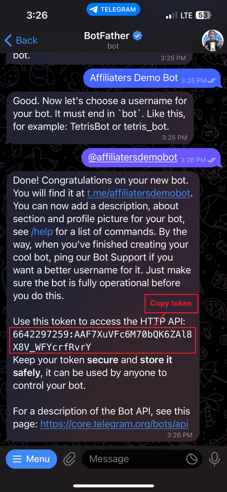 Bot token from BotFather