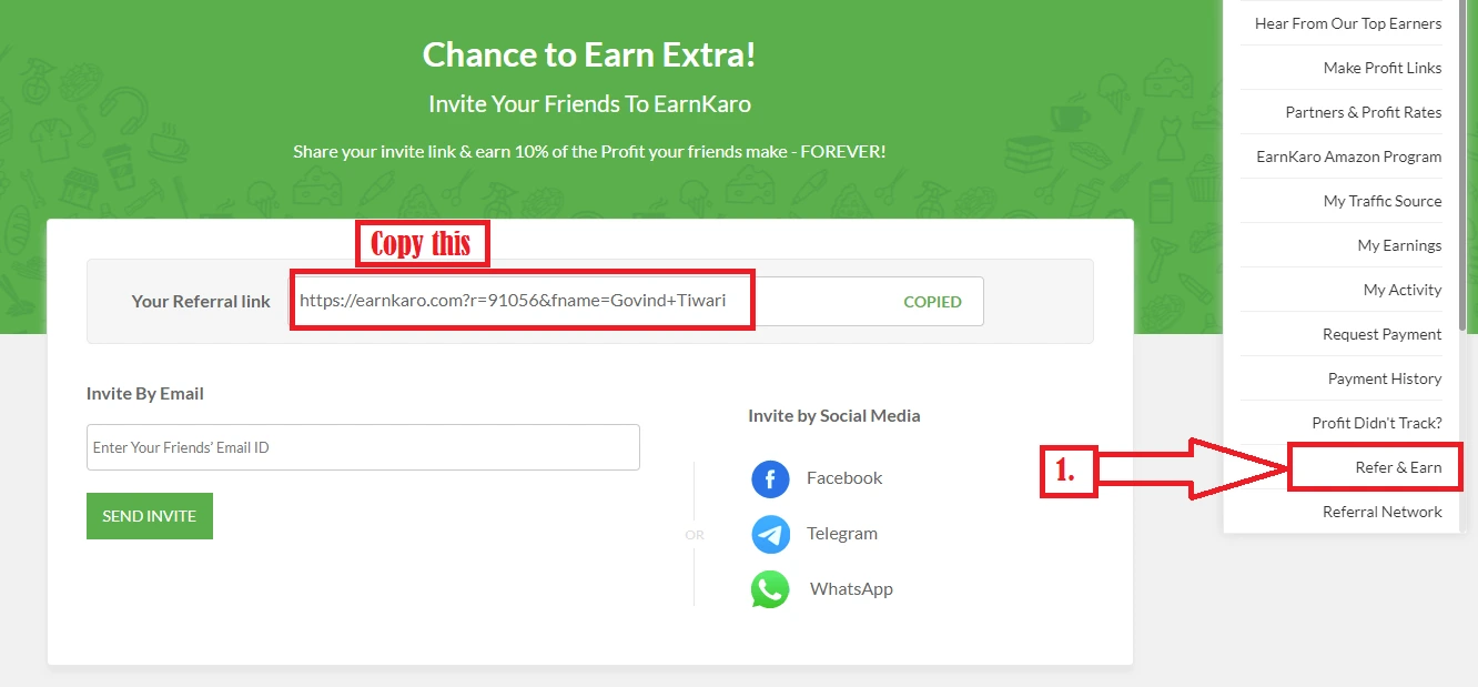 Refer & Earn page on EarnKaro website