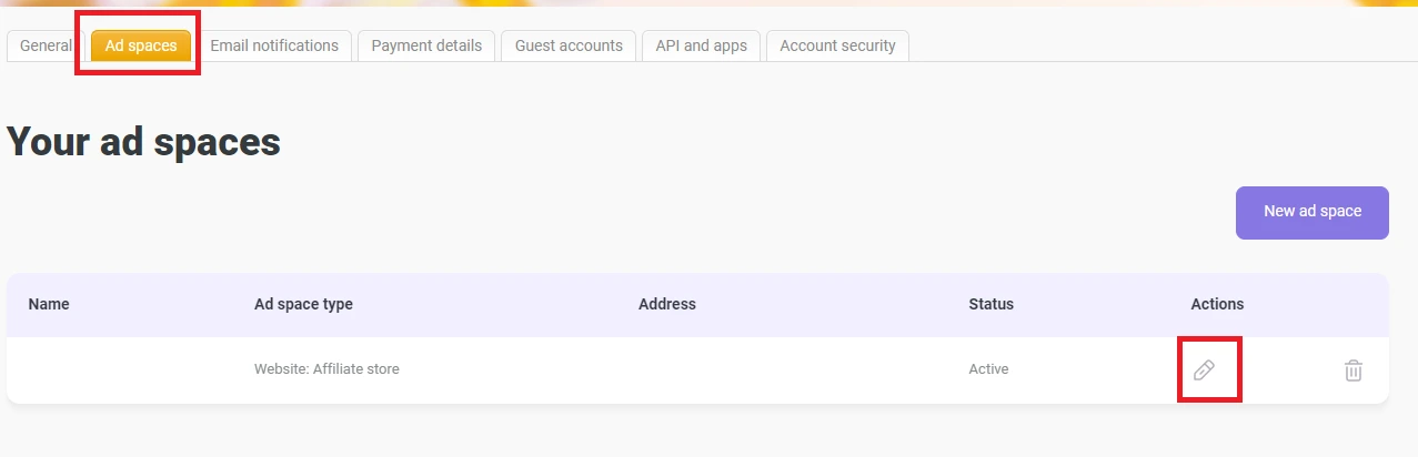 Ad spaces tab with edit button