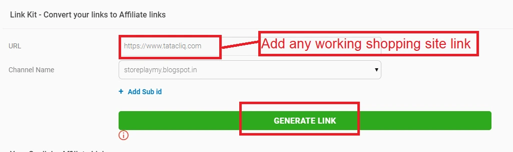 Cuelinks link generator with Generate Link button