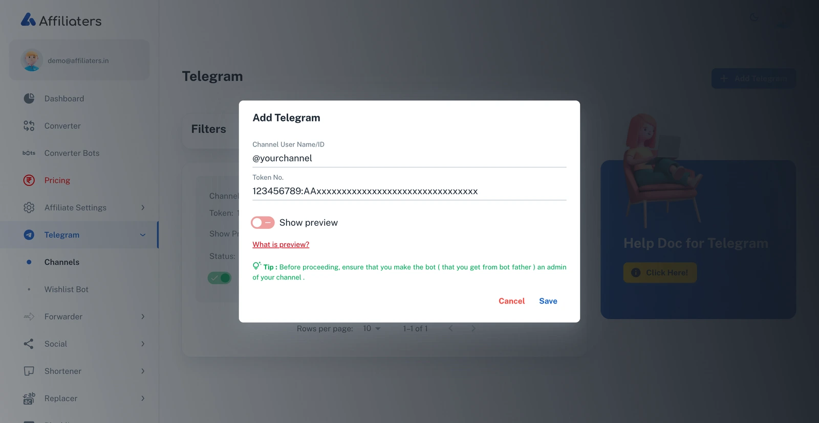 Add Telegram dialog with Channel User Name/ID, Token and Show preview fields