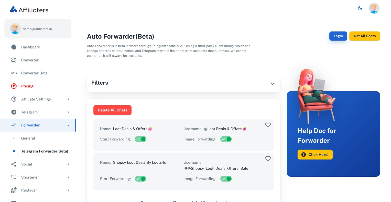 Telegram Forwarder page with connected account and chat list